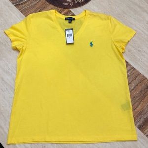 Women’s large yellow v-neck tee w/blue Polo horse